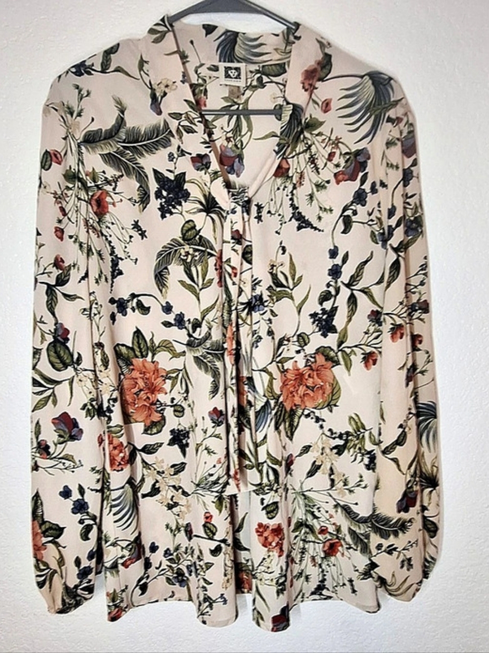 Anne Klein Floral Tie Neck Long Sleeve Blouse Cream Botanical Print XL